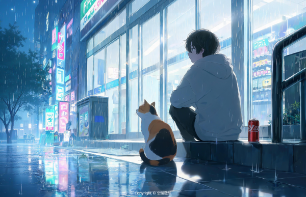 216下雨的街道少年和他的猫